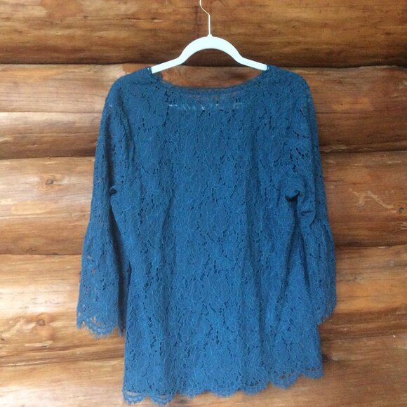 Isaac Mizrahi Live Teal Floral Lace Bell 3/4 Sleeve Pullover Blouse Size Large - Picture 2 of 5